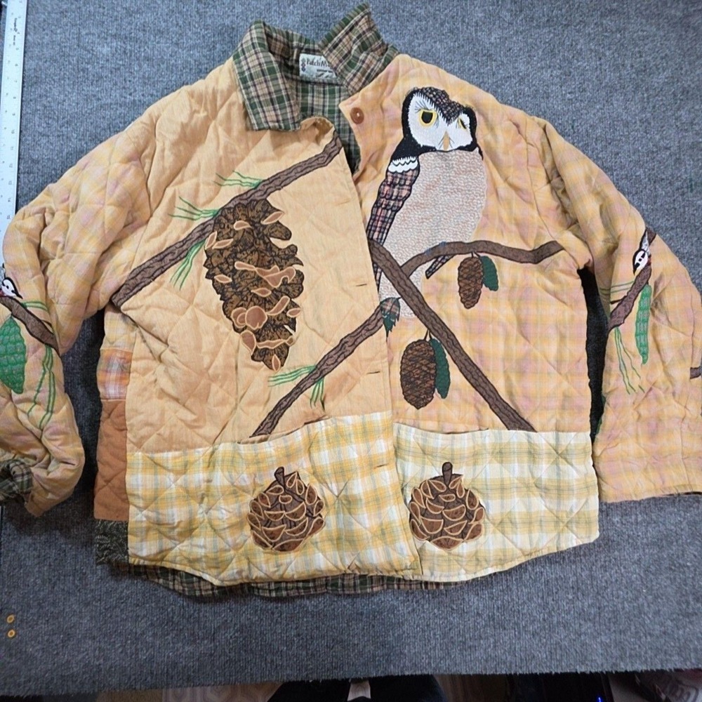 Patch Magic Jacket Womens One Size Yellow Owl Quilted Plaid Flannel Outdoor